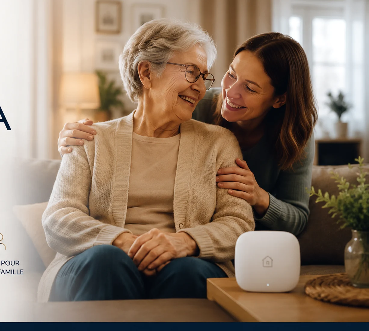 Senior accompagnée à domicile dans un intérieur chaleureux